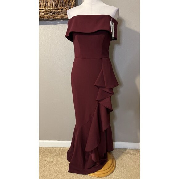 Betsy & Adam 6P Carina Long Maroon Ruffle Off the Shoulder Formal Ballgown NEW - Picture 2 of 11